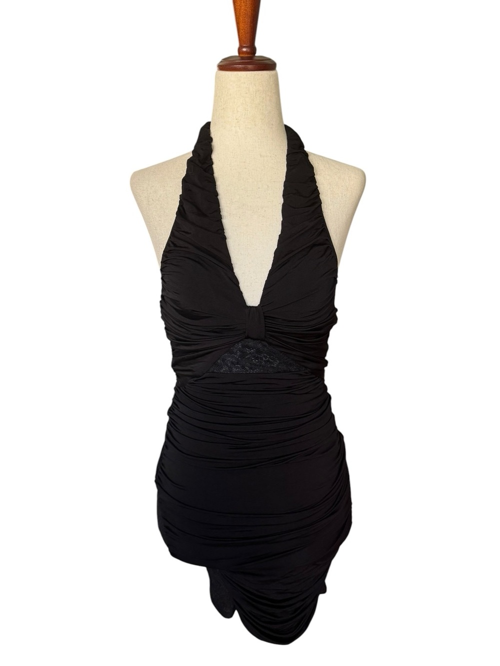 Vintage Y2K BEBE Black Halter Dress Lace Inserts Ruched Low Back XS